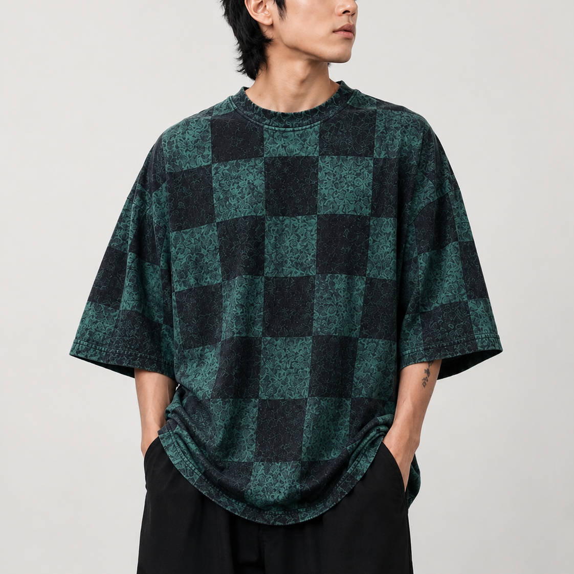Camiseta Oversized Checkerboard Floral Verde